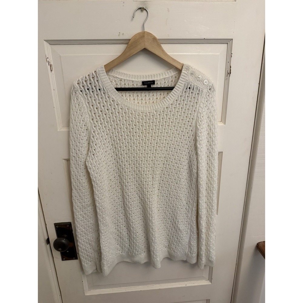TALBOTS Women's Ivory Open Knit Sweater Lambswool Blend Button Size Medium